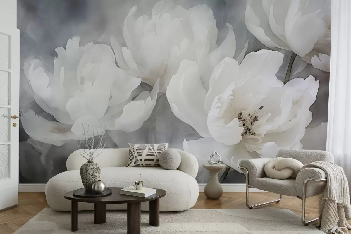 Fotobehang Witte bloemen op een mistige, delicate achtergrond w04441