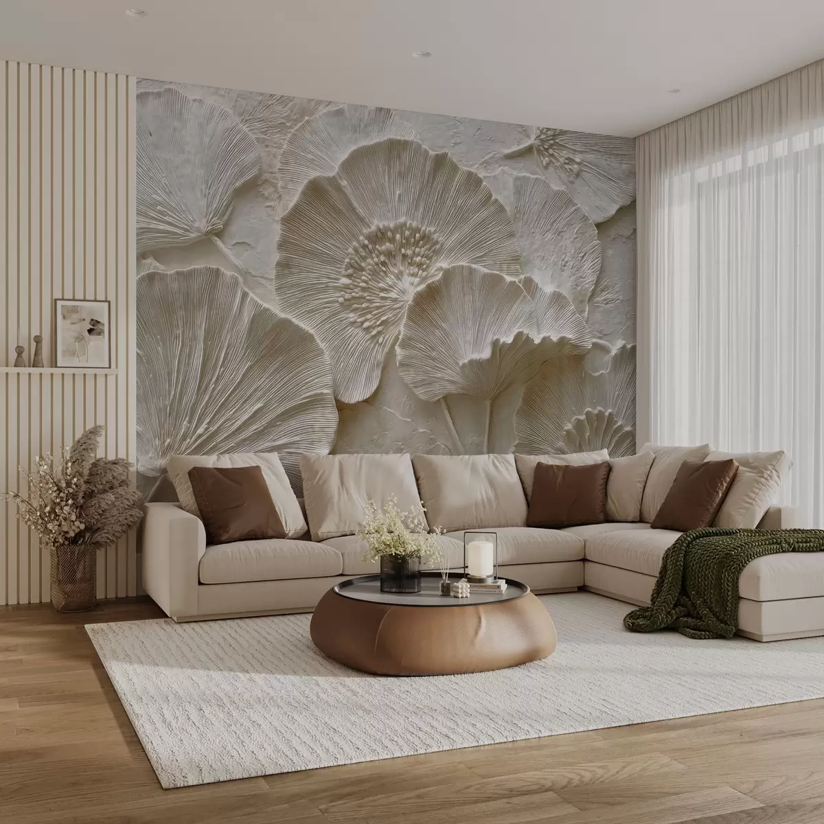 Fotobehang Volumineuze ginkgobladeren in een lichte reliëfstijl w04444