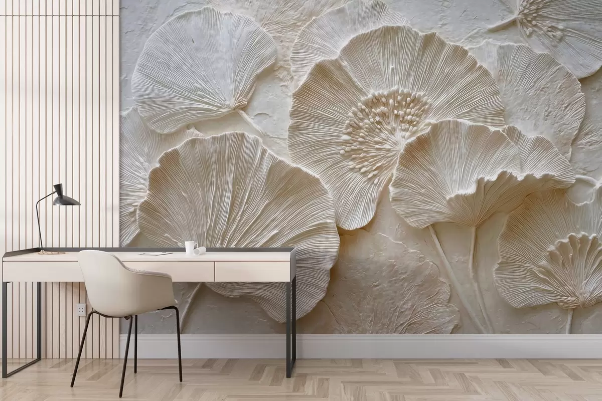 Fotobehang Volumineuze ginkgobladeren in een lichte reliëfstijl w04444