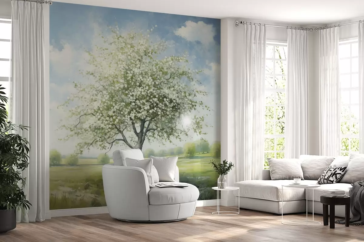 Fotobehang Een eenzame boom in een veld met witte bloemen w04445