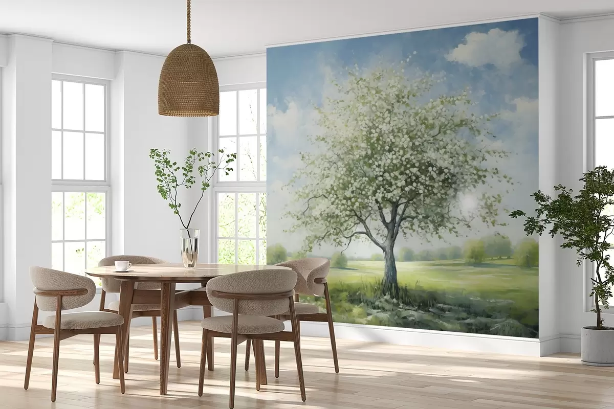 Fotobehang Een eenzame boom in een veld met witte bloemen w04445