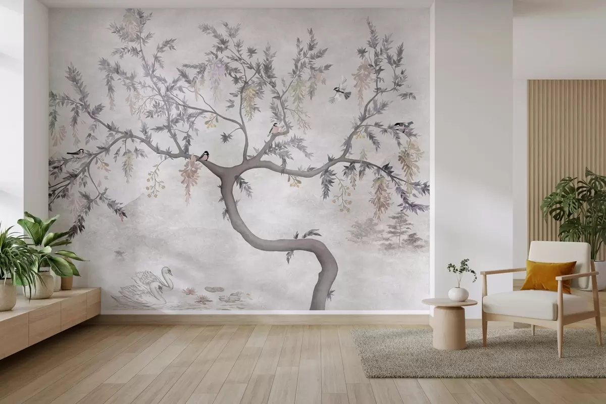 Fotobehang Boomtak met vogels in oosterse stijl w04456