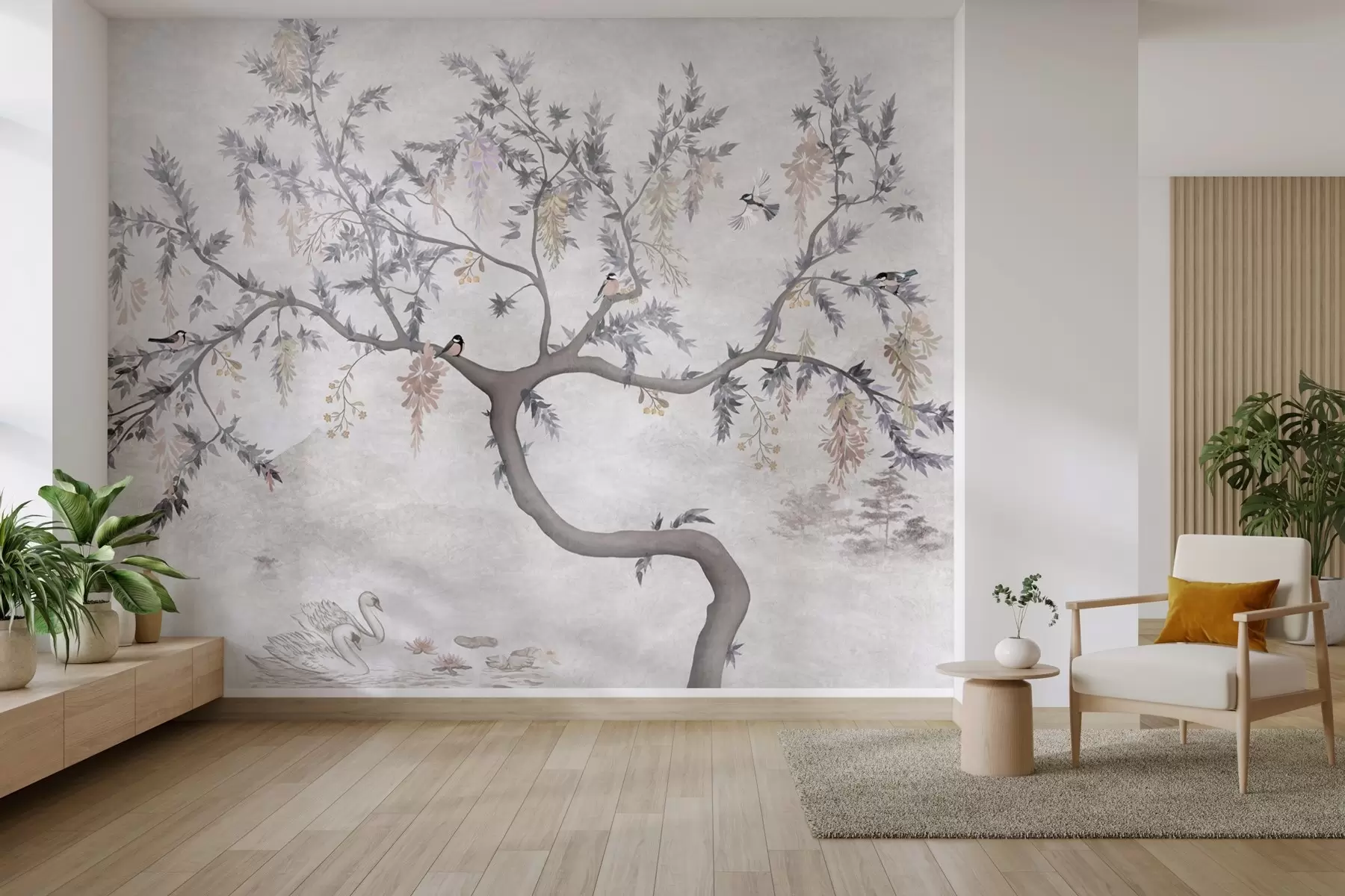 Fotobehang Boomtak met vogels in oosterse stijl w04456