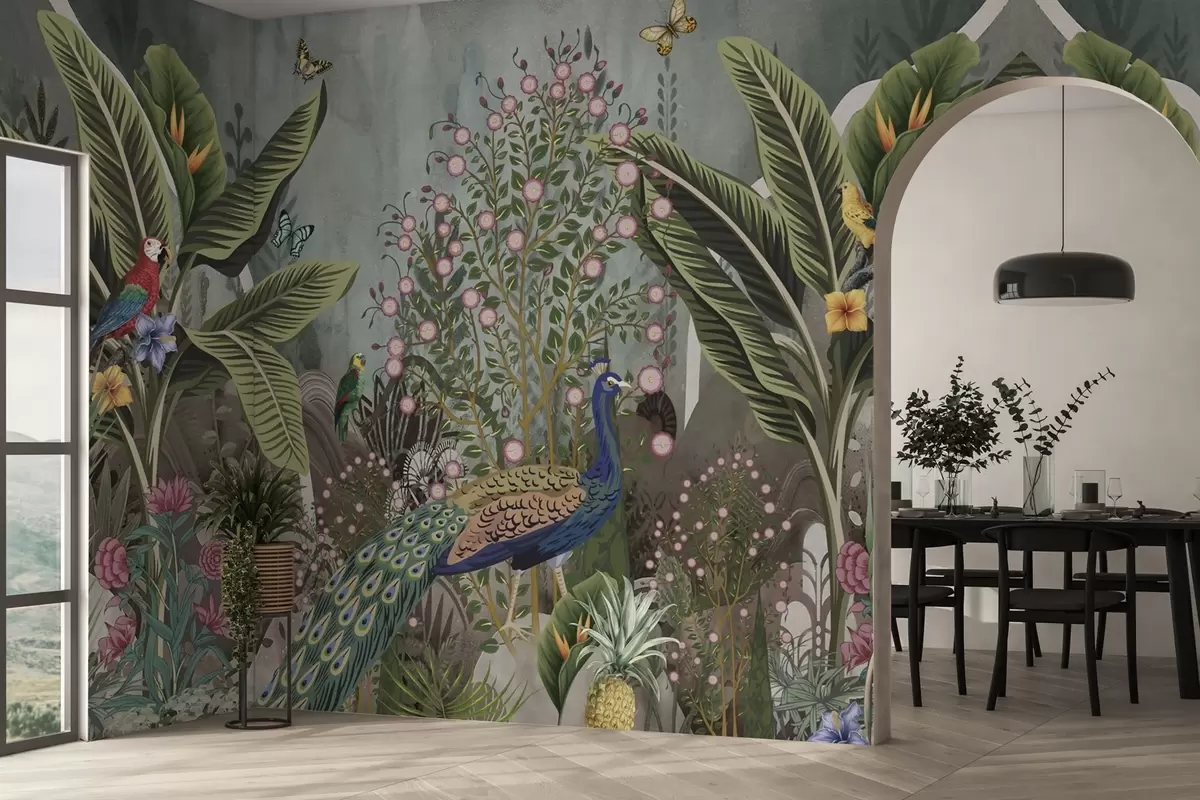 Fotobehang Heldere tropische vogels en pauw tussen exotische planten w04457