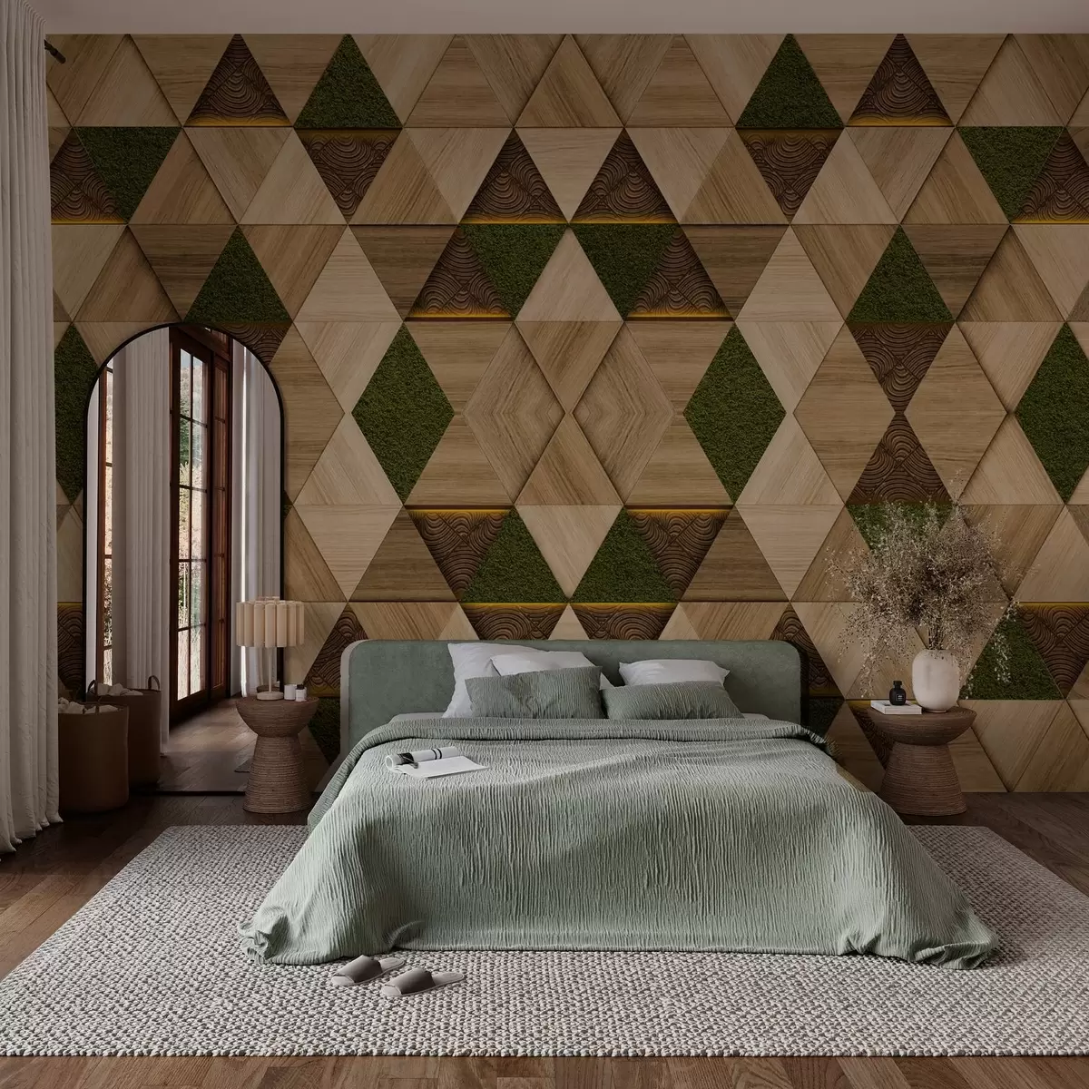 Fotobehang Geometrisch houten ornament met mos w04459