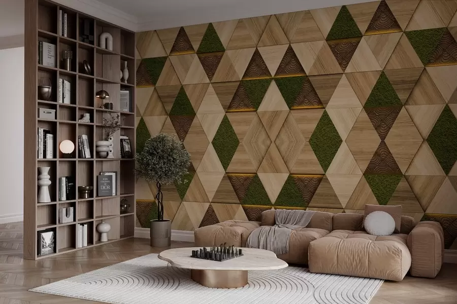 Fotobehang Geometrisch houten ornament met mos w04459