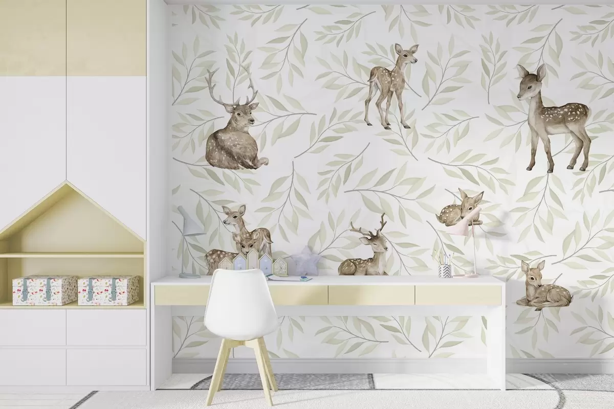 Fotobehang Faapjes tussen groenige bladeren op een witte achtergrond w04461v1