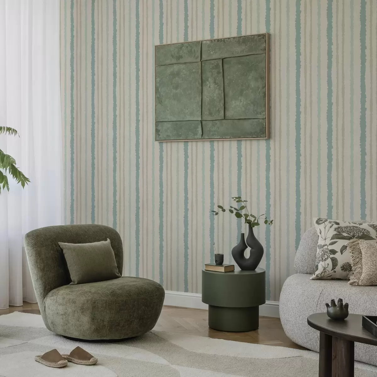 Behang Turquoise-beige strepen met handgeschilderd effect a00510v1