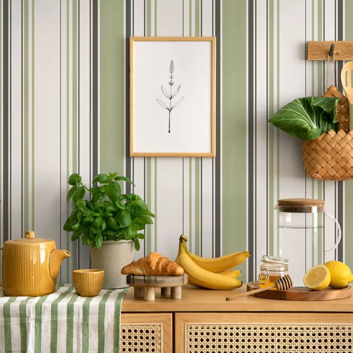 Behang Witte achtergrond met een mix van groene en zwarte strepen a00520