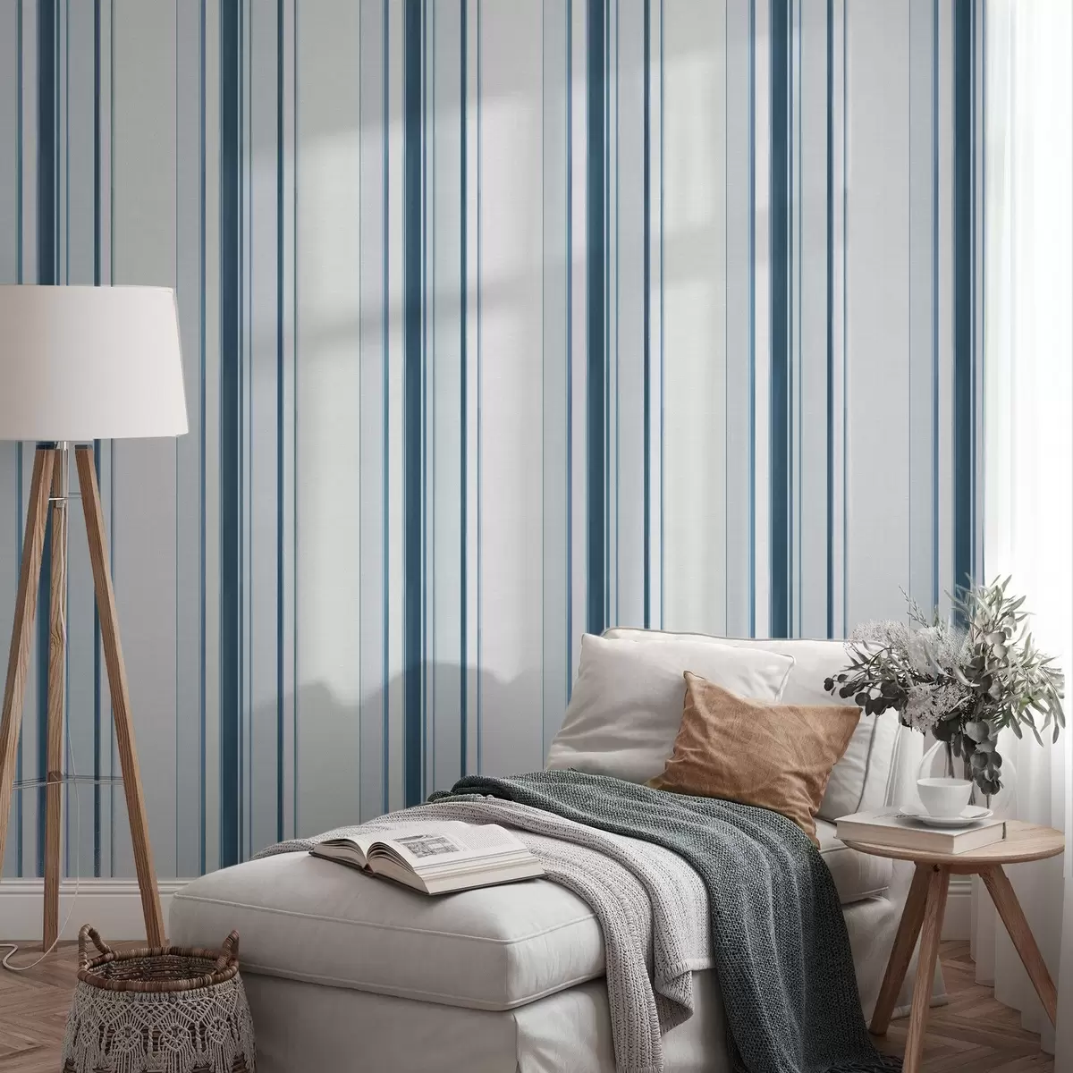 Behang Veel verticale strepen in turquoise en blauwe kleuren a00529
