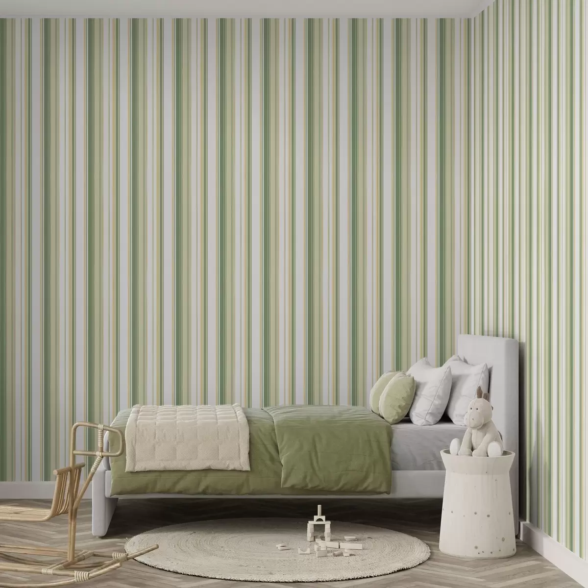Behang Groene en beige strepen met gele accentlijnen a00531