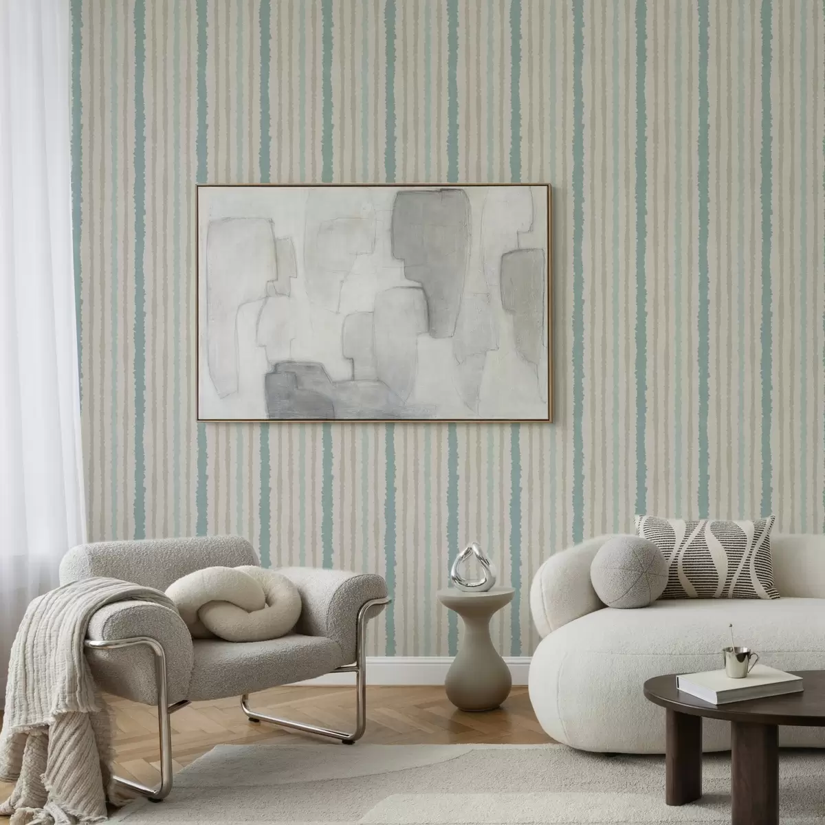 Behang Combinatie van turquoise en beige ongelijke strepen a00552