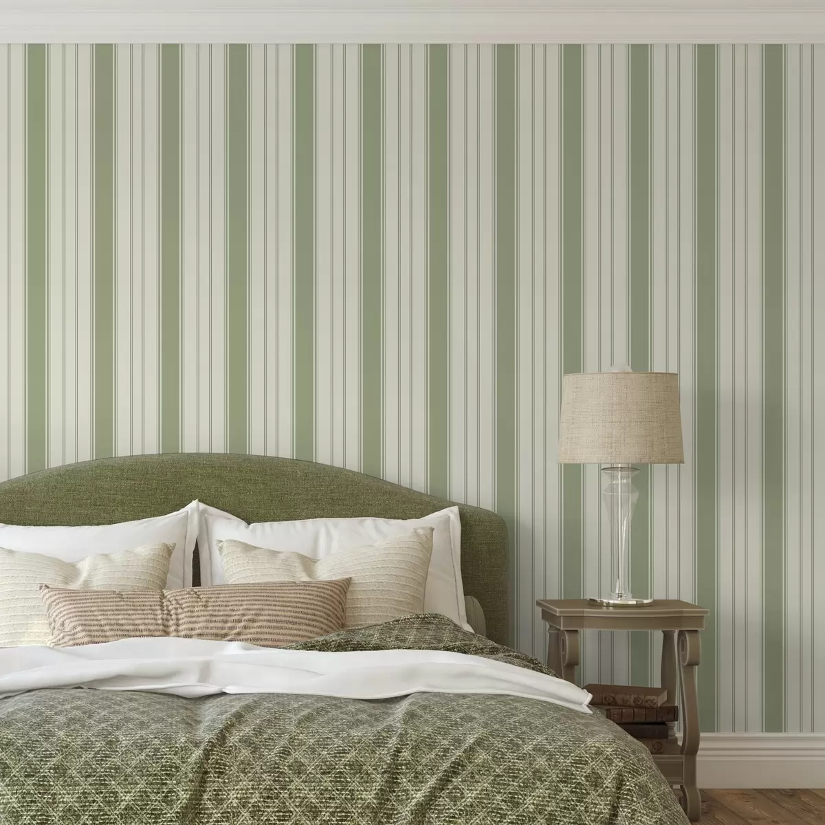 Behang Crème achtergrond met egale groene verticale strepen a00560