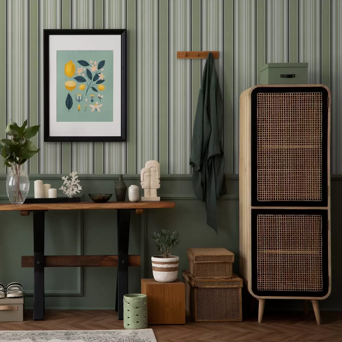 Behang Crème achtergrond met een mix van groene en zwarte strepen a00563