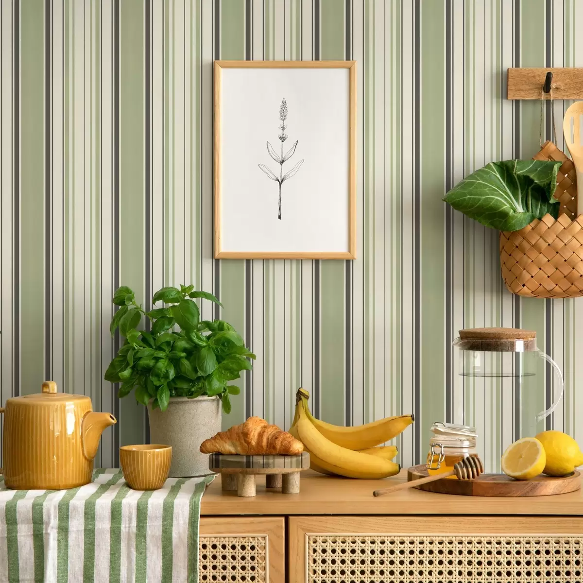 Behang Crème achtergrond met een mix van groene en zwarte strepen a00563