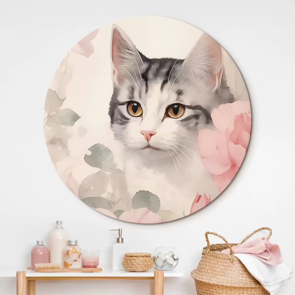 Ronde schilderijen Kat tussen de rozen r45673