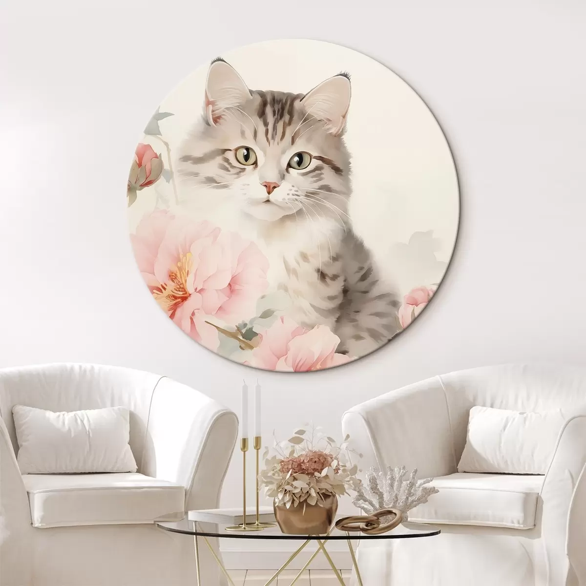 Ronde schilderijen Kat tussen bloemen r45674