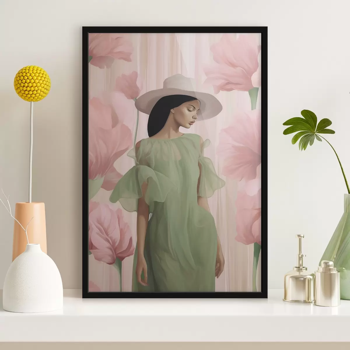 Poster Meisje met hoed onder bloemen f45678