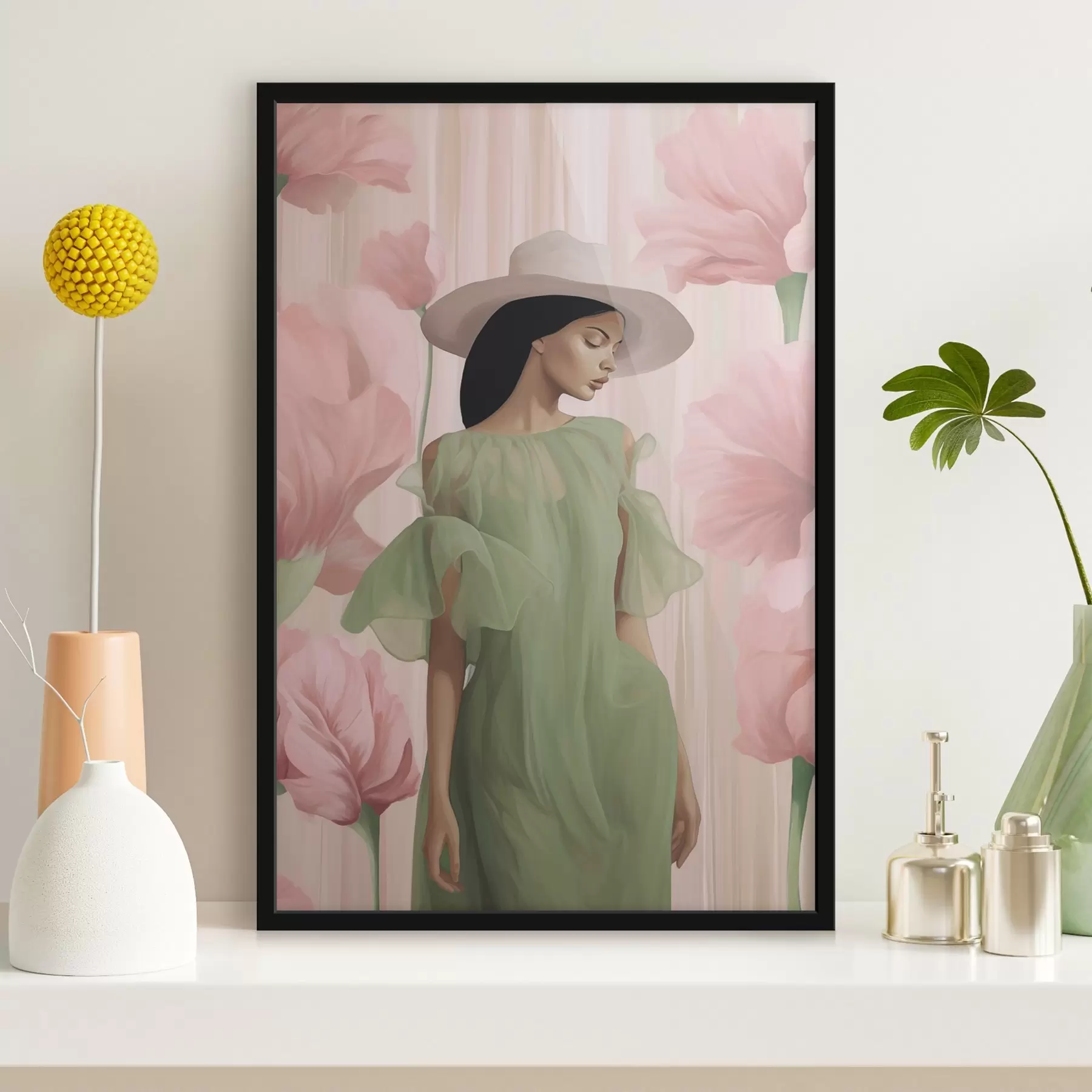 Fotobehang Meisje met hoed onder bloemen f45678