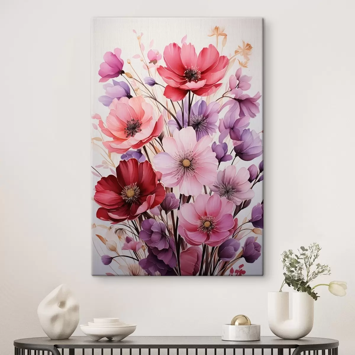 Schilderijen Delicaat boeket van roze en lila klaprozen op een lichte achtergrond, aquarelstijl s45601