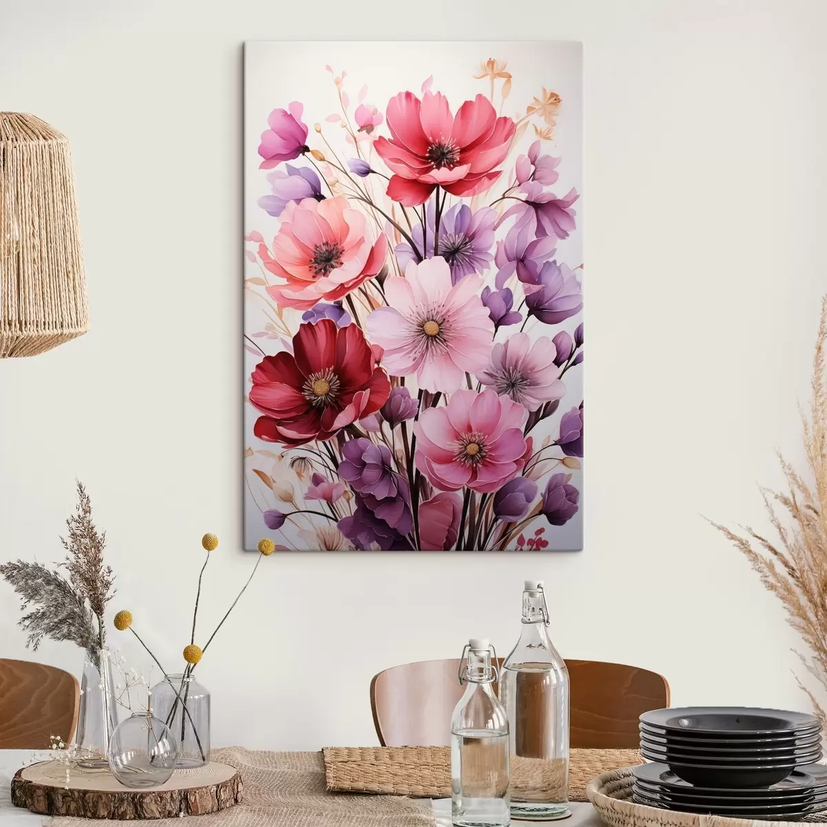  Schilderijen Delicaat boeket van roze en lila klaprozen op een lichte achtergrond, aquarelstijl s45601