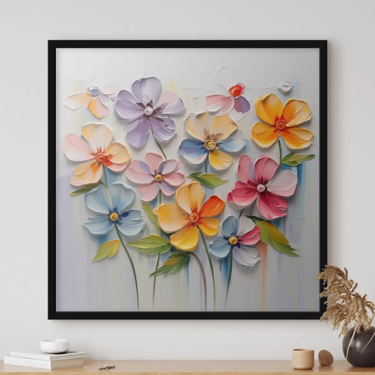 Poster Bloemstilleven: veelkleurige bloemen in impasto techniek f45598