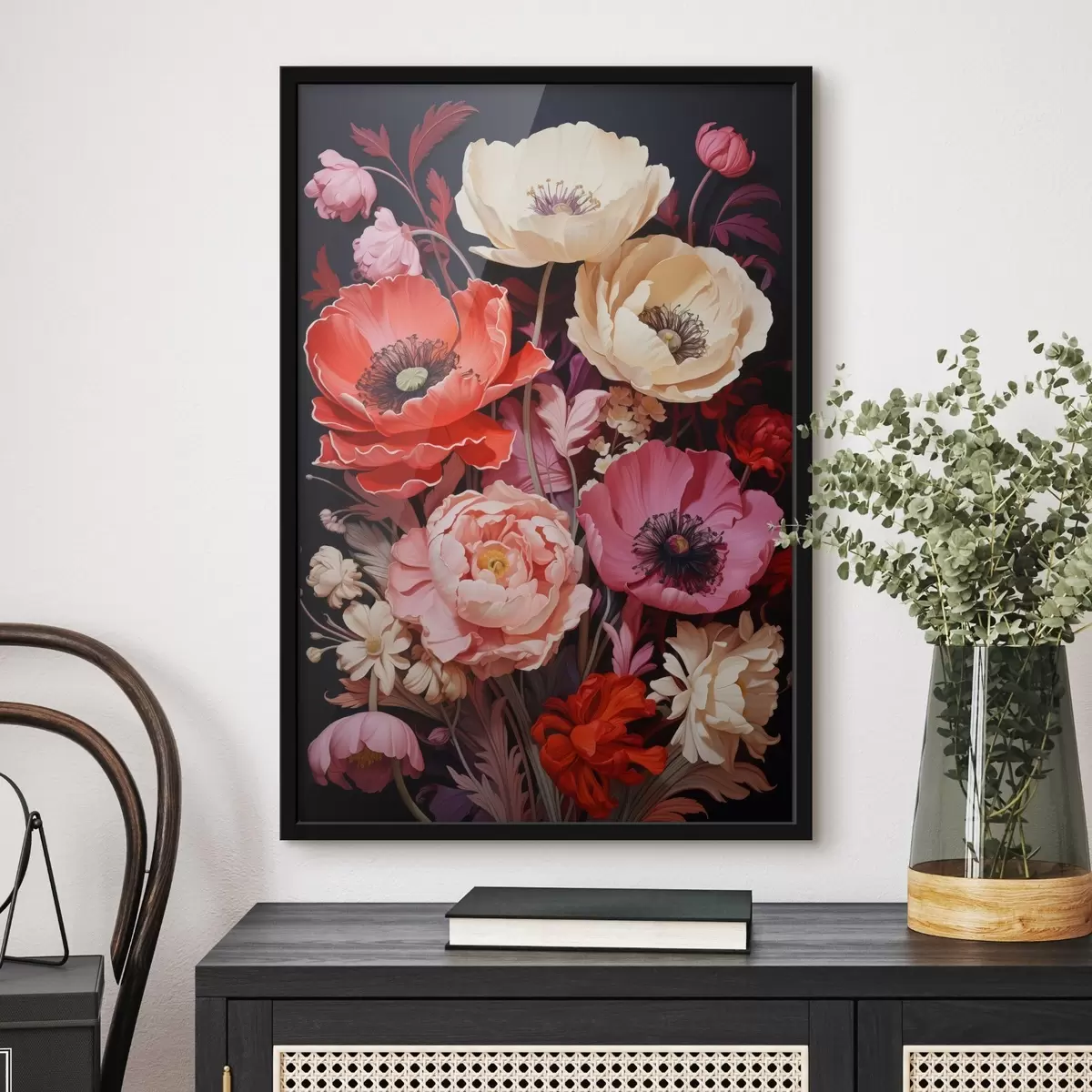Poster Boeket klaprozen in roze en rode tinten f45600