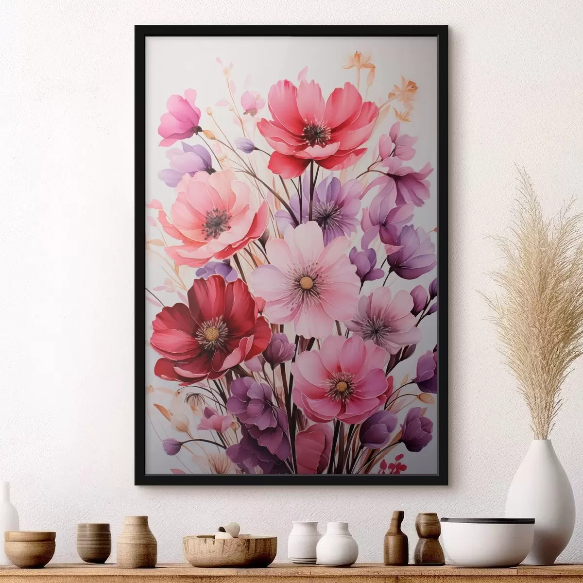 Poster Delicaat boeket van roze en lila klaprozen op een lichte achtergrond, aquarelstijl f45601