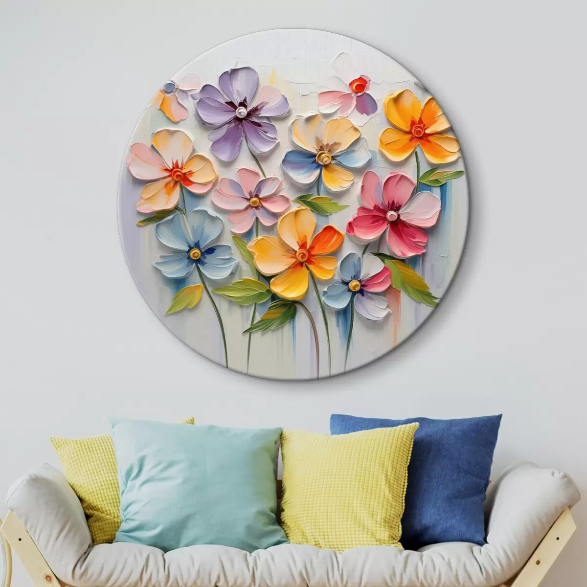 Ronde schilderijen Bloemstilleven: veelkleurige bloemen in impasto techniek r45598