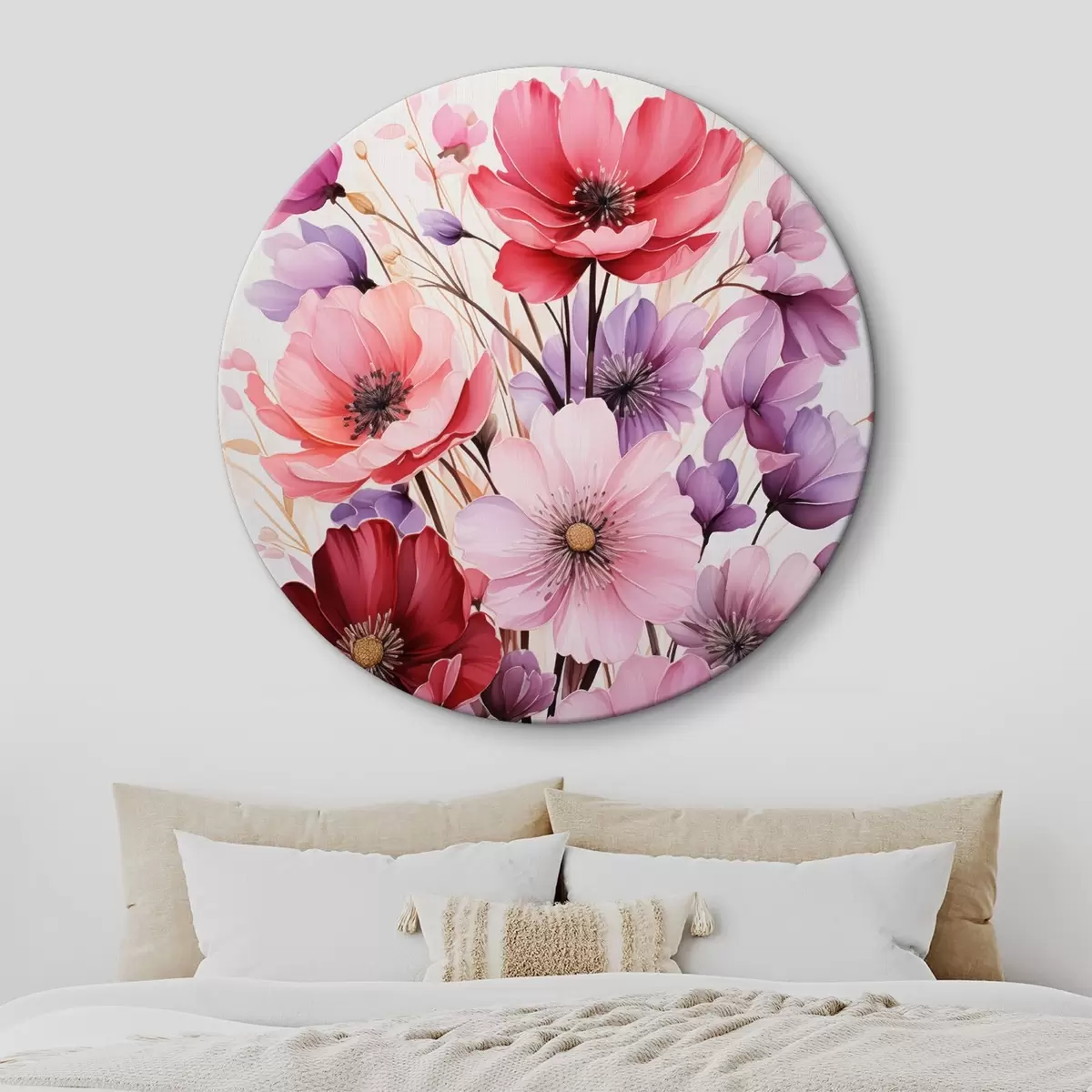 Ronde schilderijen Delicaat boeket van roze en lila klaprozen op een lichte achtergrond, aquarelstijl r45601