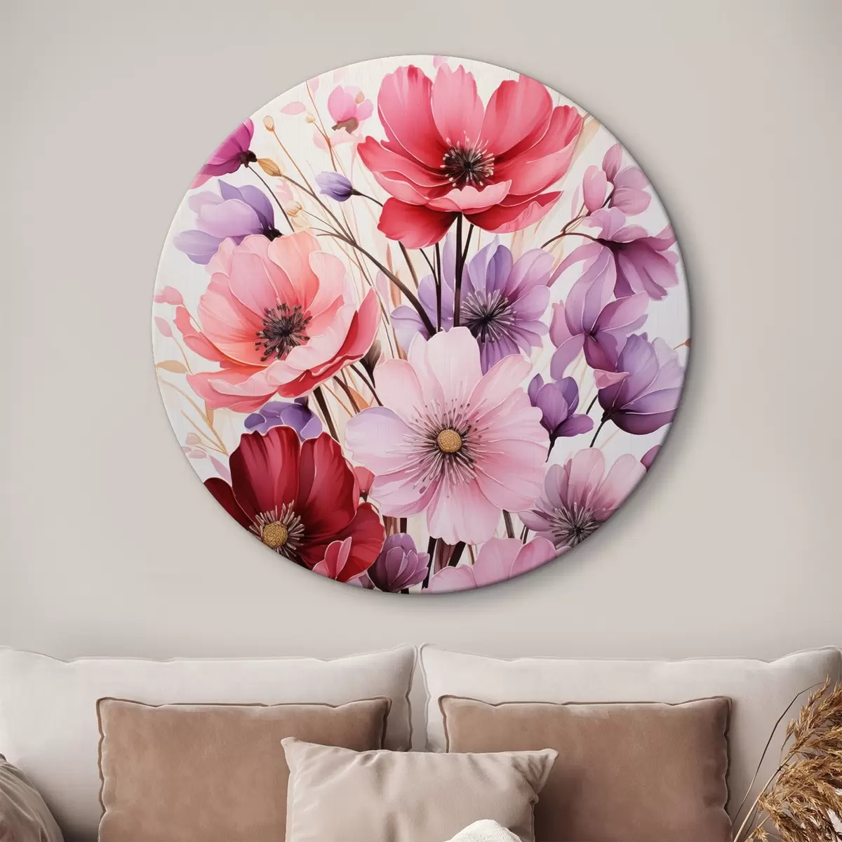 Ronde schilderijen Delicaat boeket van roze en lila klaprozen op een lichte achtergrond, aquarelstijl r45601