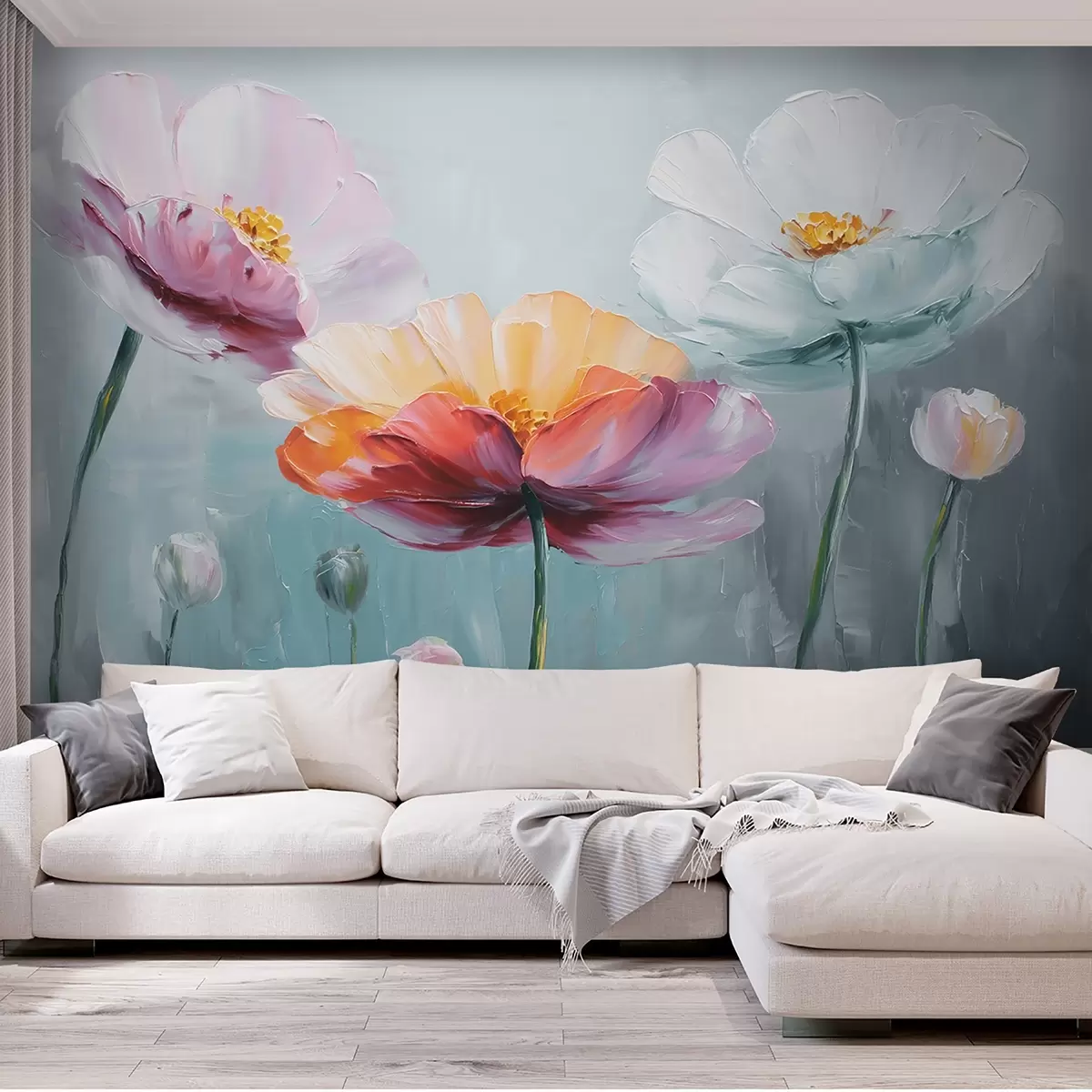 Fotobehang Heldere bloemen in olieverftechniek op een blauwe achtergrond w09310