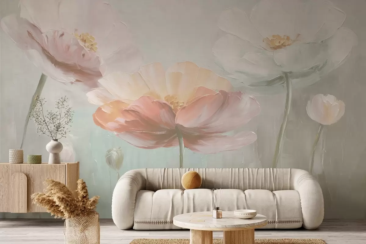 Fotobehang Volumetrische pastel klaprozen in olieverfstijl w09310v1