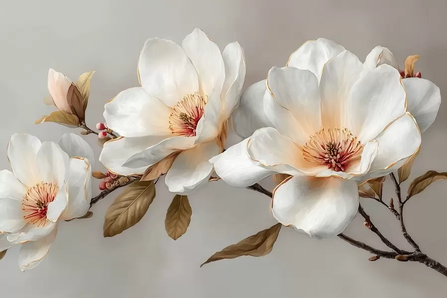 Fotobehang Delicate bloemen aan een tak in pasteltinten met een oranje hart w09299