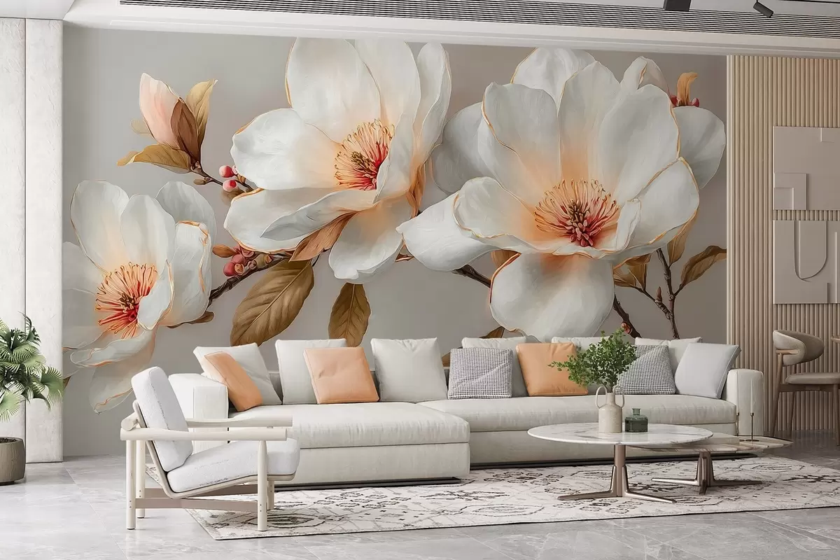 Fotobehang Delicate bloemen aan een tak in pasteltinten met een oranje hart w09299
