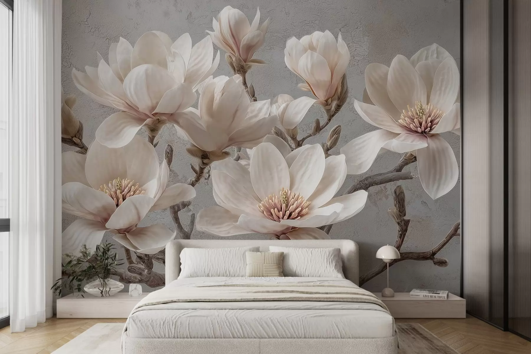 Fotobehang Magnolia takken met grote lichte bloemen in gedempte tinten w09305