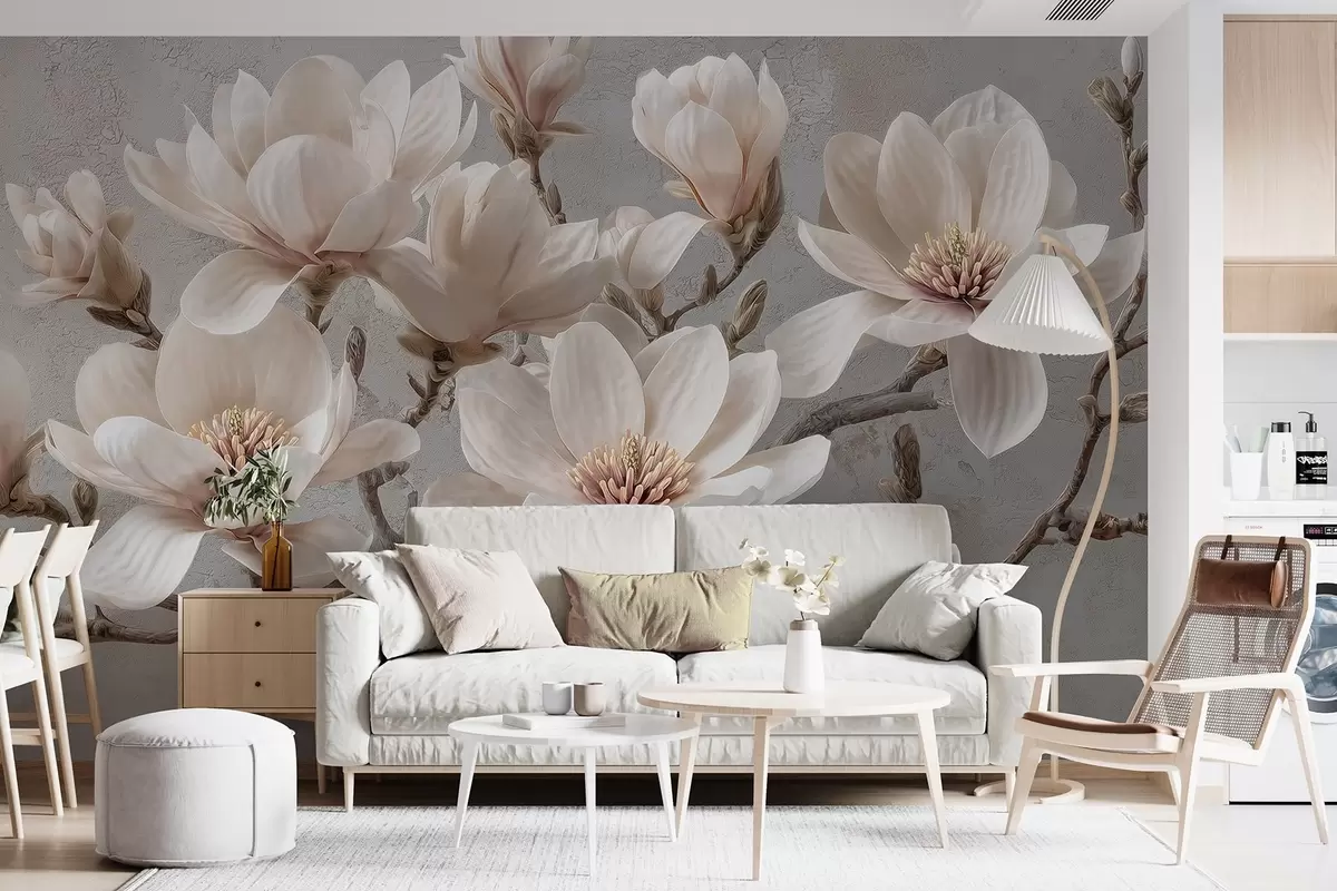 Fotobehang Magnolia takken met grote lichte bloemen in gedempte tinten w09305