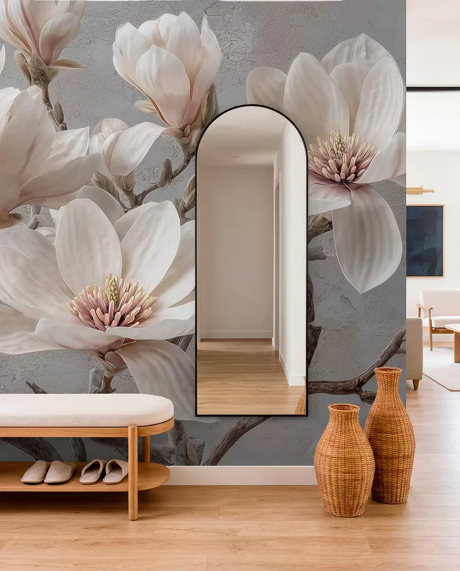 Fotobehang Magnolia takken met grote lichte bloemen in gedempte tinten w09305