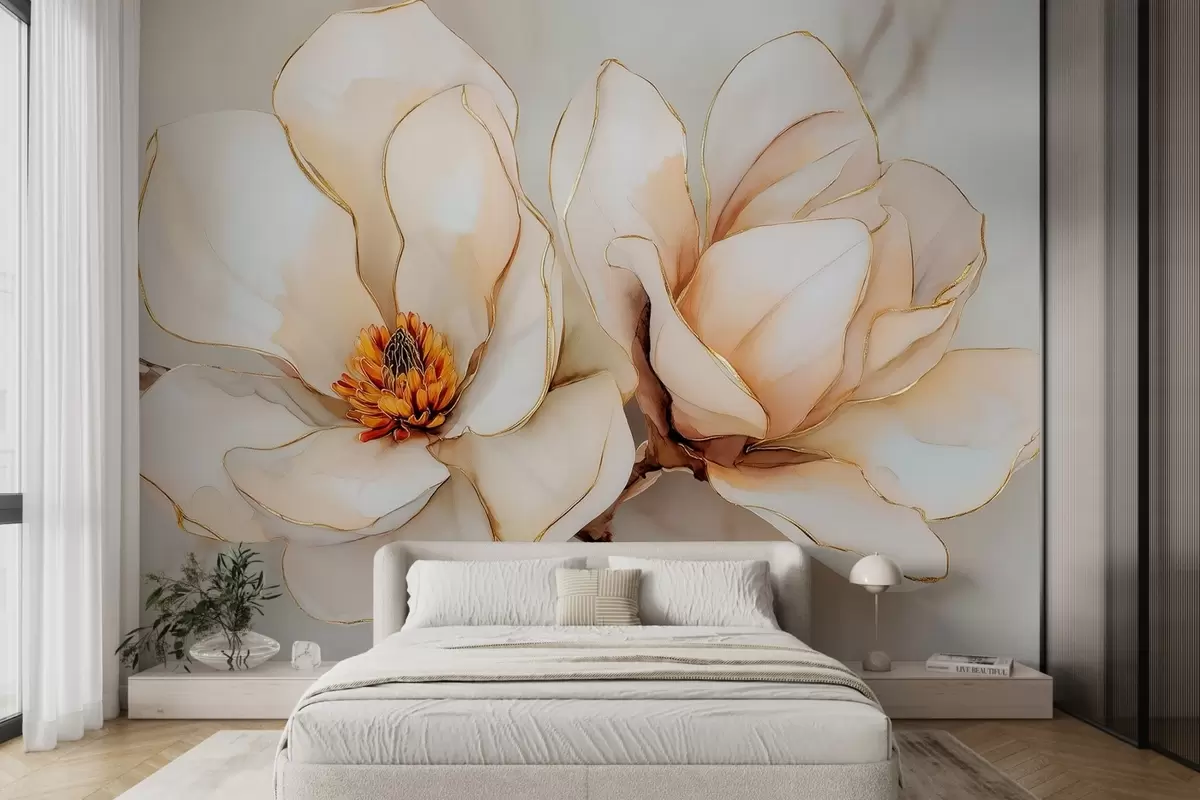 Fotobehang Grote lichte magnolia bloemen met zachte bloemblaadjes w09308