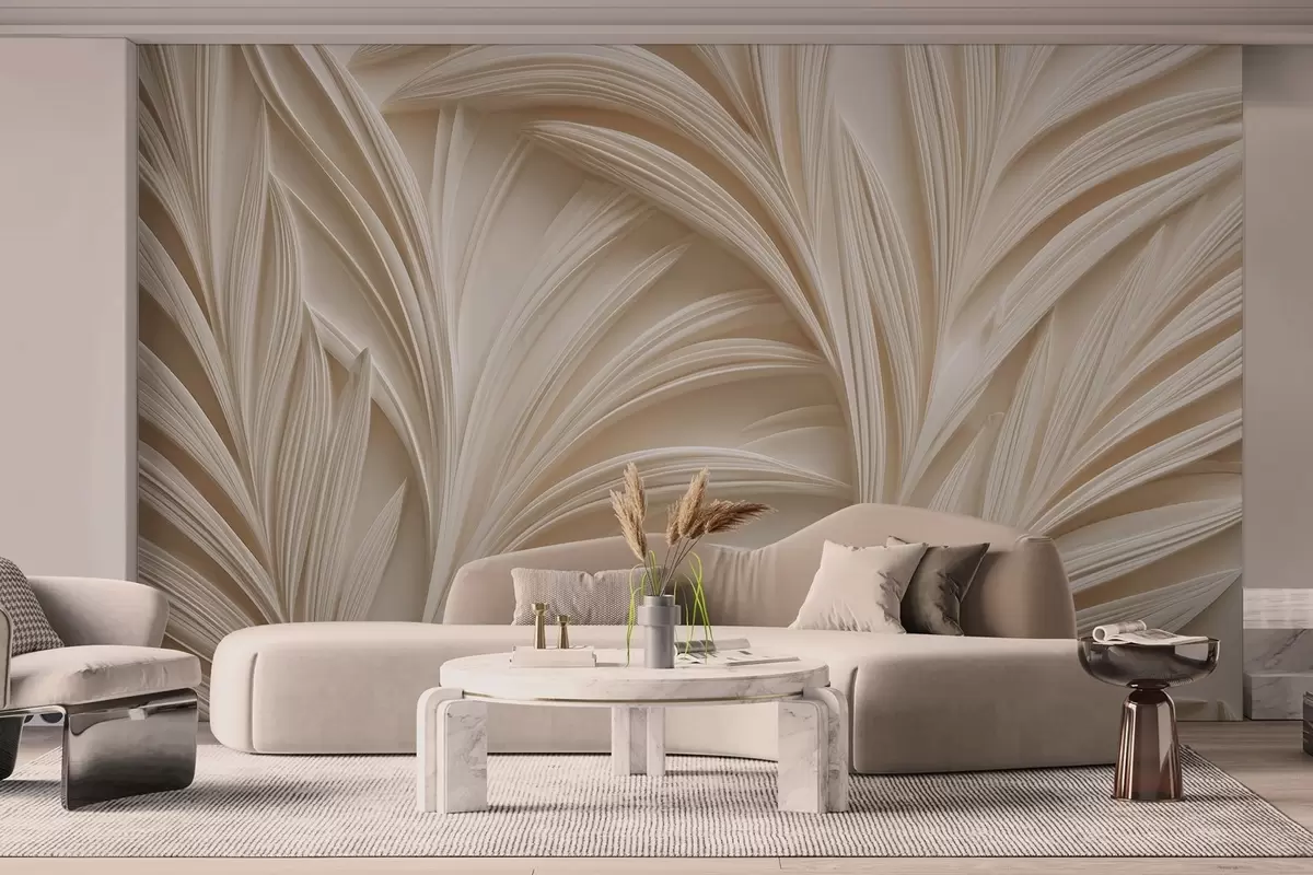 Fotobehang Decoratieve beige bladeren in 3D-stijl w09351