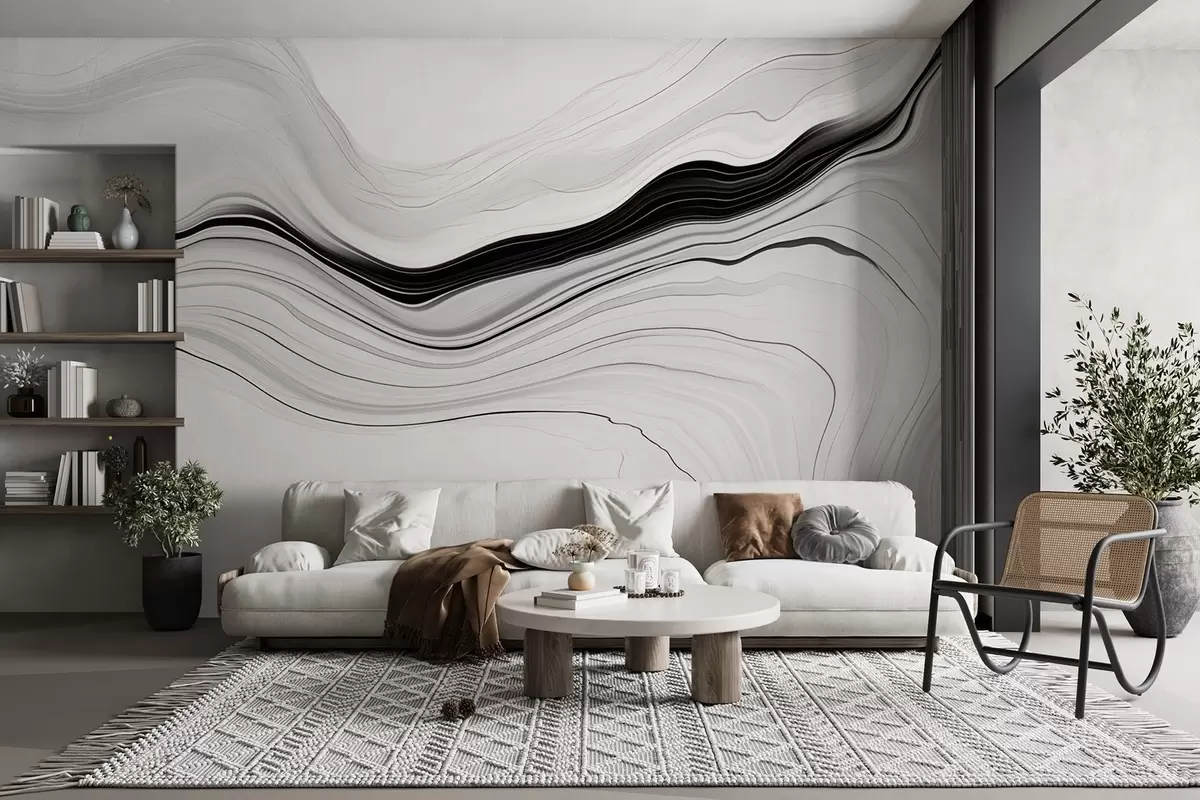 Fotobehang Zwart-wit patroon met het effect van marmeren lagen w09358