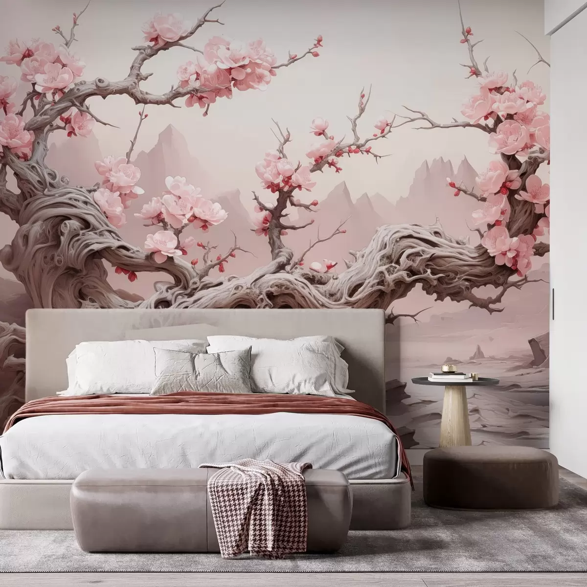 Fotobehang Gedraaide boomstam met bloeiende roze sakura w09388