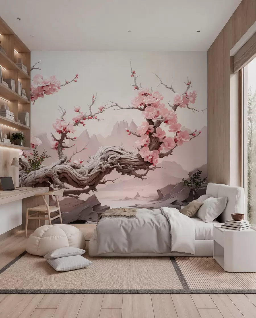 Fotobehang Gedraaide boomstam met bloeiende roze sakura w09388