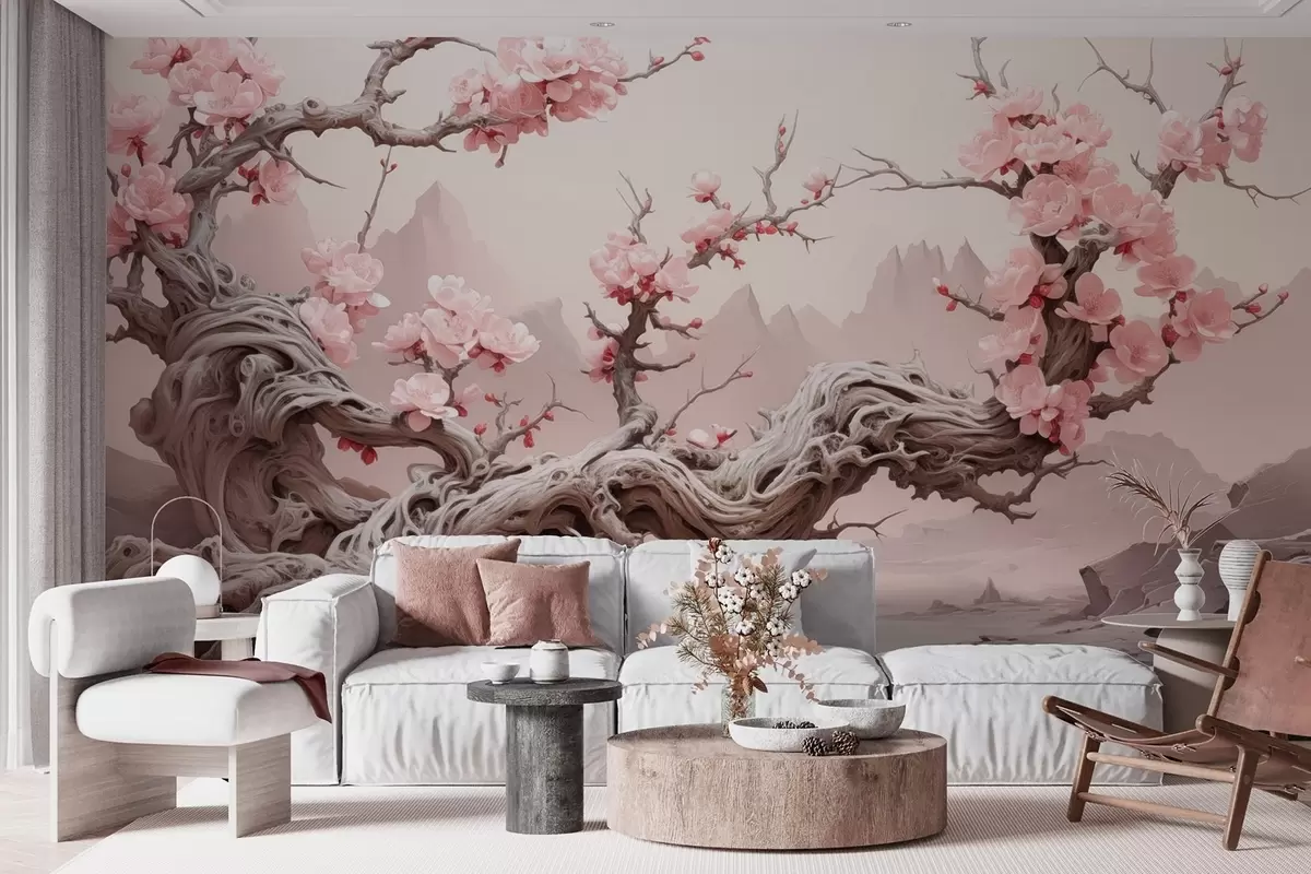 Fotobehang Gedraaide boomstam met bloeiende roze sakura w09388