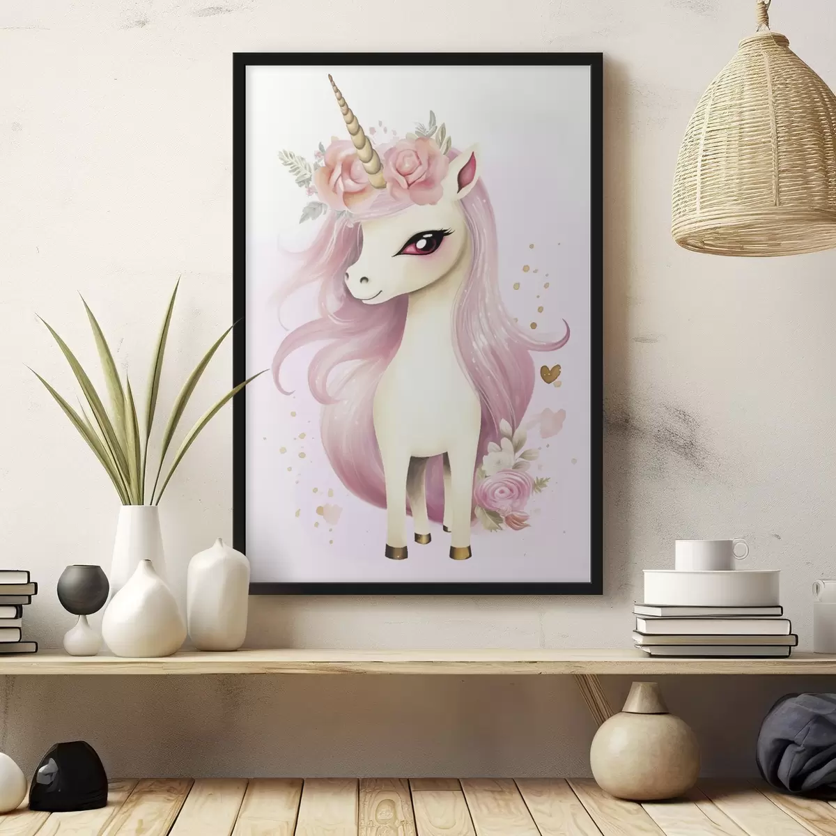 Poster Eenhoorn met roze manen en bloemenkrans f45484