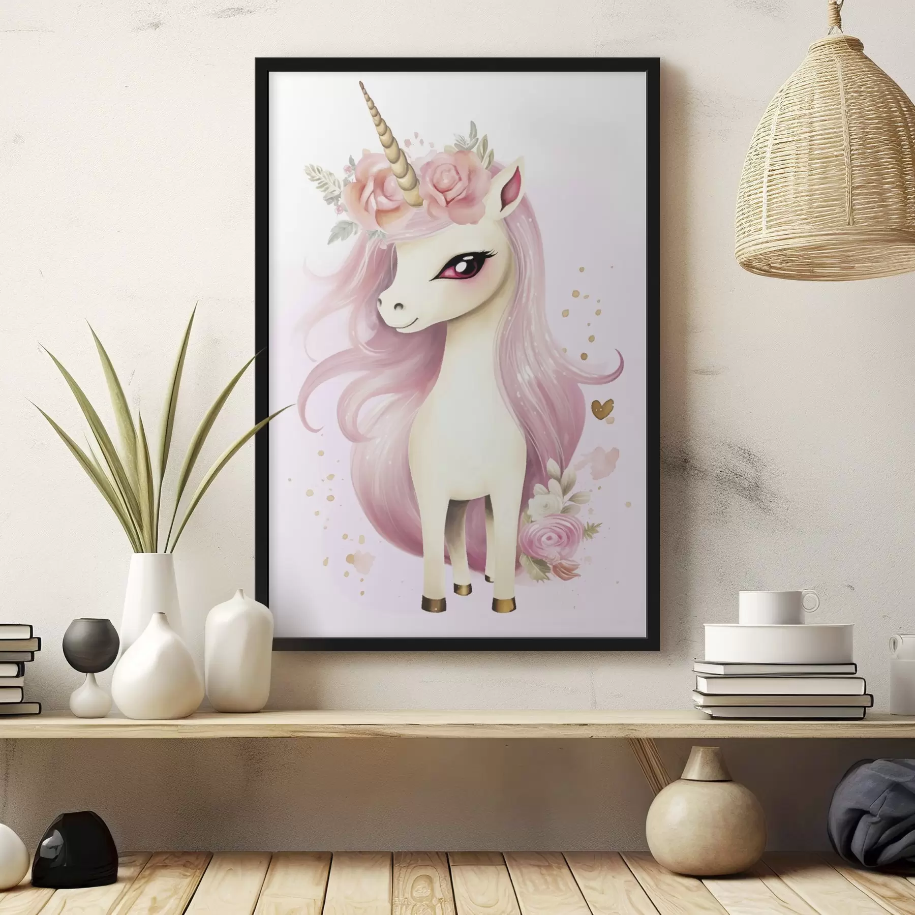 Fotobehang Eenhoorn met roze manen en bloemenkrans f45484