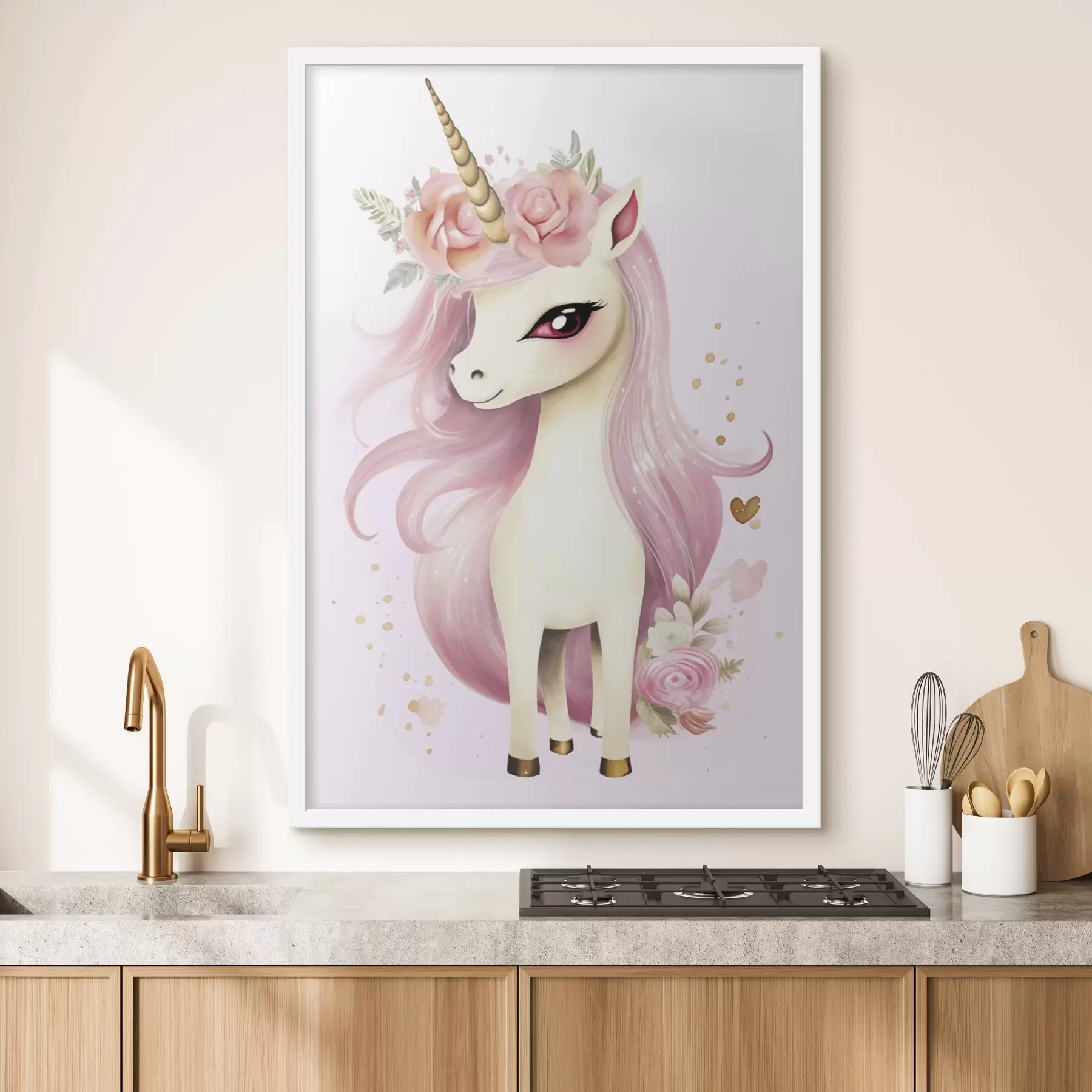 Fotobehang Eenhoorn met roze manen en bloemenkrans f45484