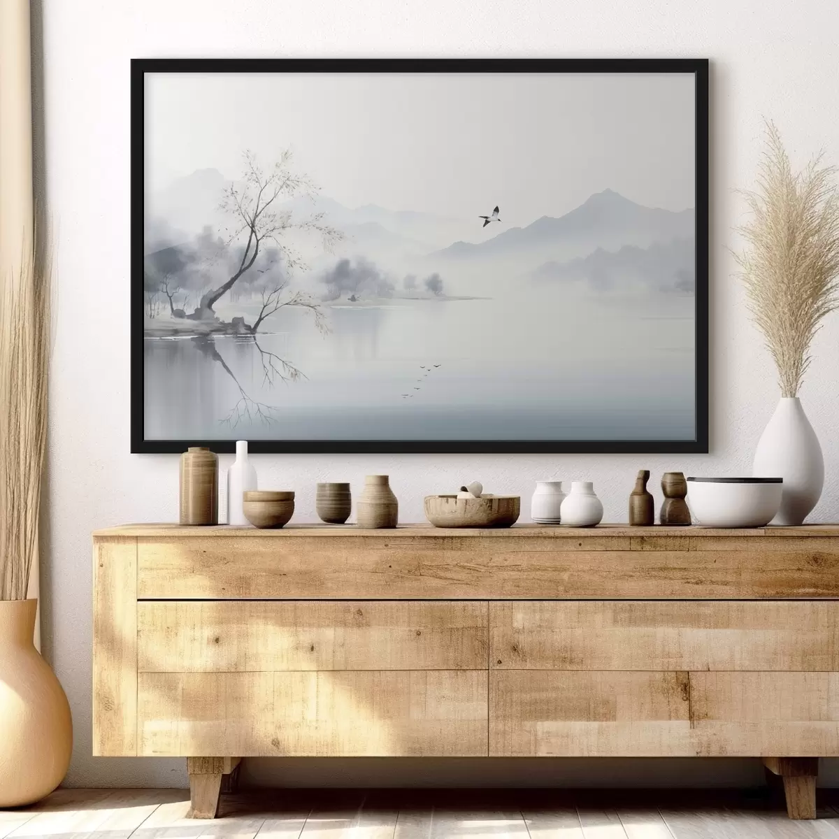 Poster Mistig landschap met een boom, bergen en vogels f45518