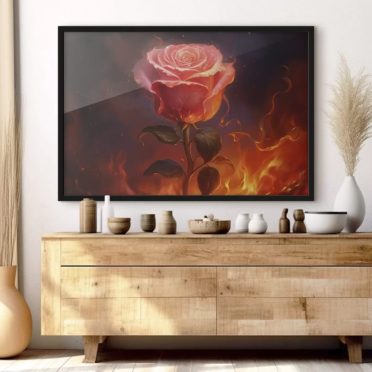 Poster Rode roos tussen vuur en vonken f45523