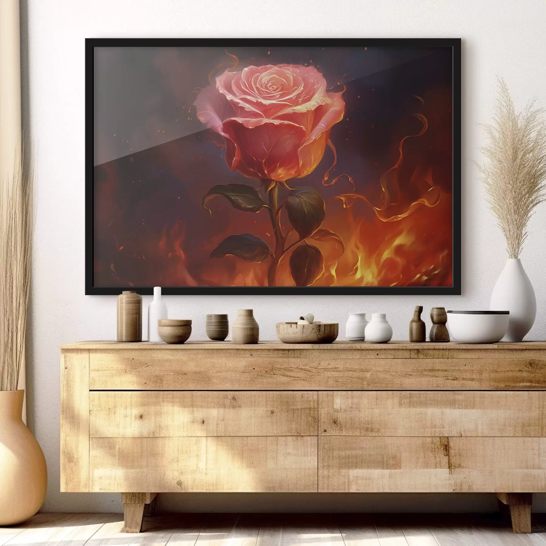 Fotobehang Rode roos tussen vuur en vonken f45523